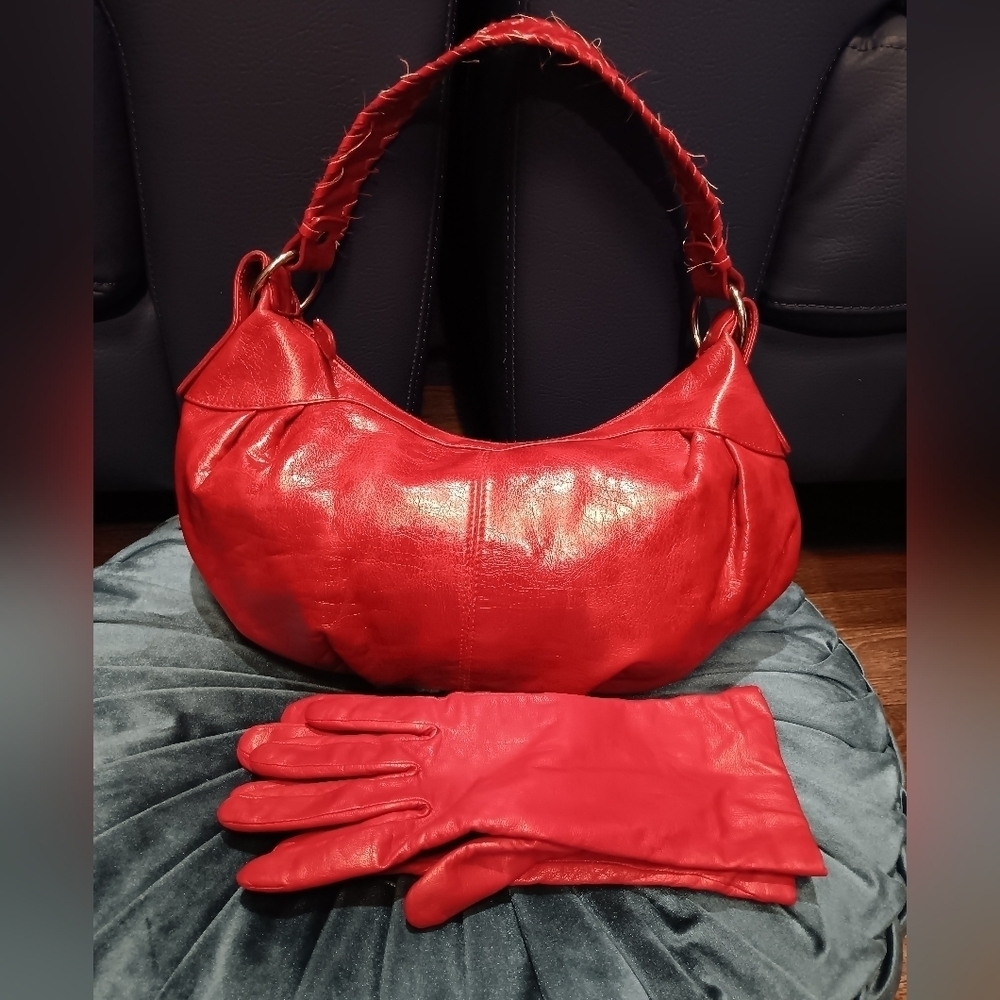 Y2K Elegant Red Leather Handbag Set With Gloves